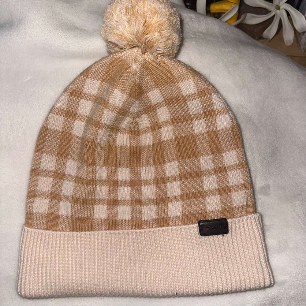 Coach Plaid Beanie in Tan and Cream